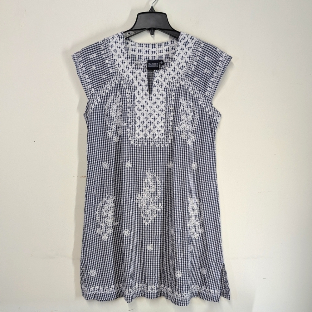 Madison Mathews Navy and White Gingham Cottagecore Dress S Shift Cap Sleeve